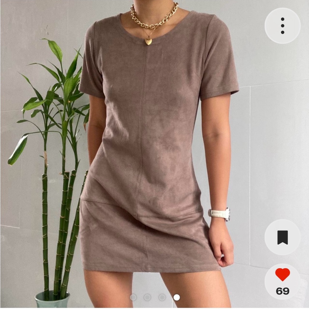 Brown Suede-like Short Sleeve Dress